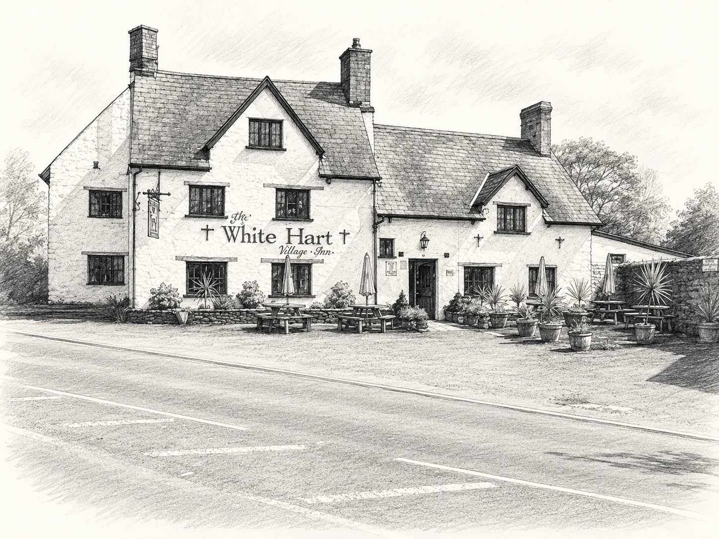 Illustrated sketch of The White Hart historic pub exterior