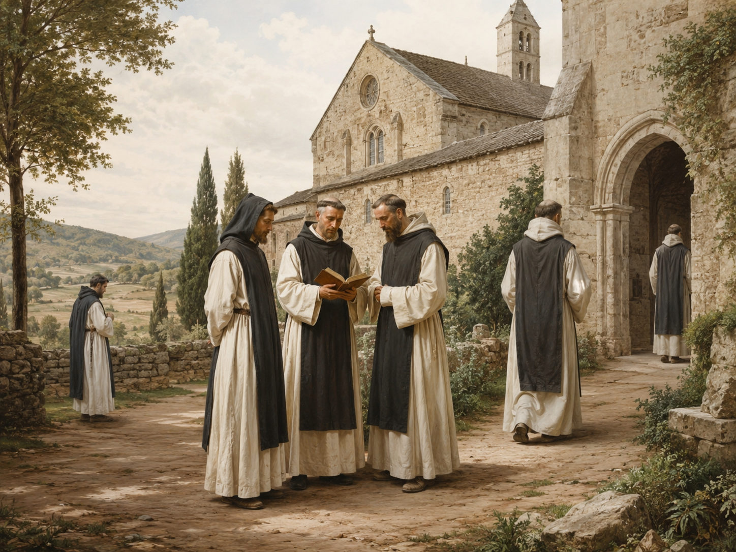 Medieval monks near a stone church in the Usk Valley, reflecting the early history of The White Hart Village Inn in Llangybi