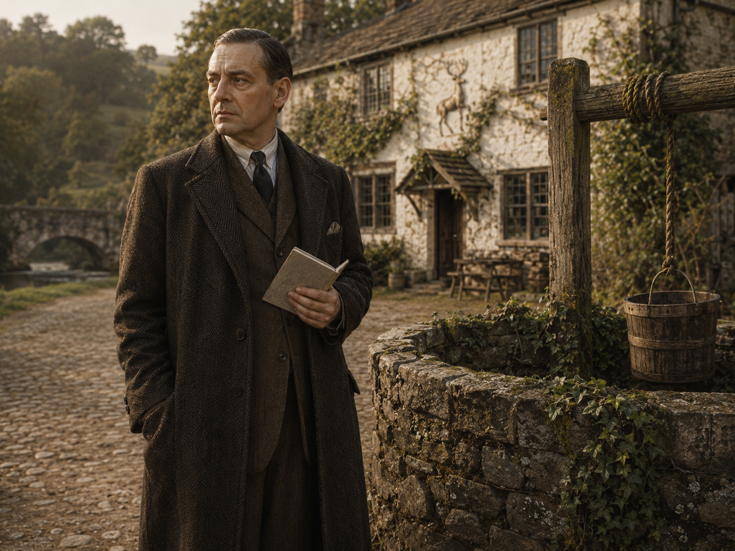 Historic literary figure outside a countryside inn near the Usk Valley, inspired by the heritage of The White Hart Village Inn